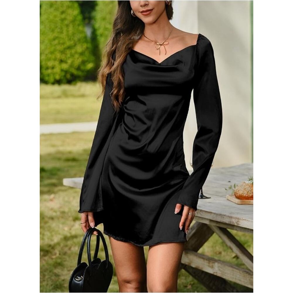 #69 MSRP $40 NWT HYPERFIRE ELEGANT BLACK SATIN COWL NECK MINI DRESS ♡SIZE XS♡